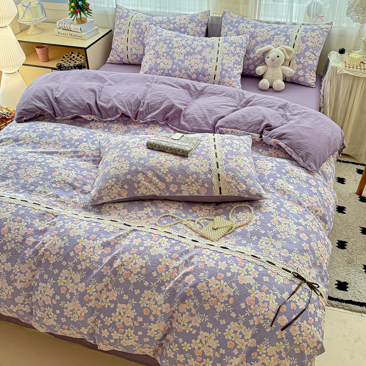 91家纺网 家纺一手货源 找家纺 梵克保罗 2025新款古法水洗棉全棉花边蝴蝶结四件套 花开满园