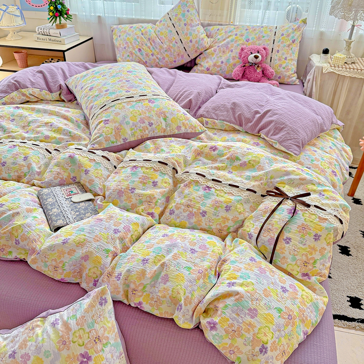 91家纺网 家纺一手货源 找家纺 （总）梵克保罗 2025新款古法水洗棉全棉花边蝴蝶结四件套