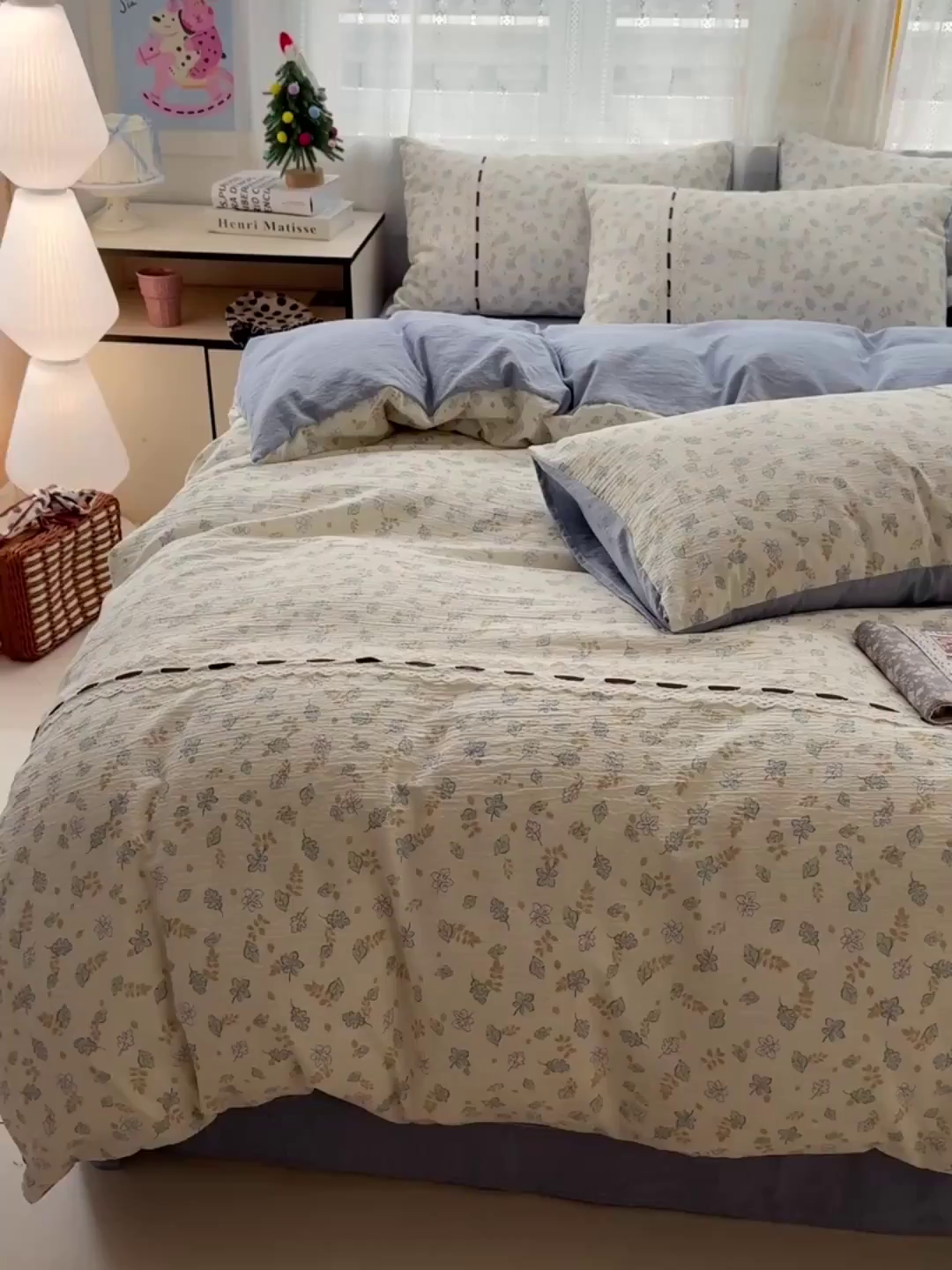 91家纺网 家纺一手货源 找家纺 梵克保罗 2025新款古法水洗棉全棉花边蝴蝶结四件套 鸢尾兰