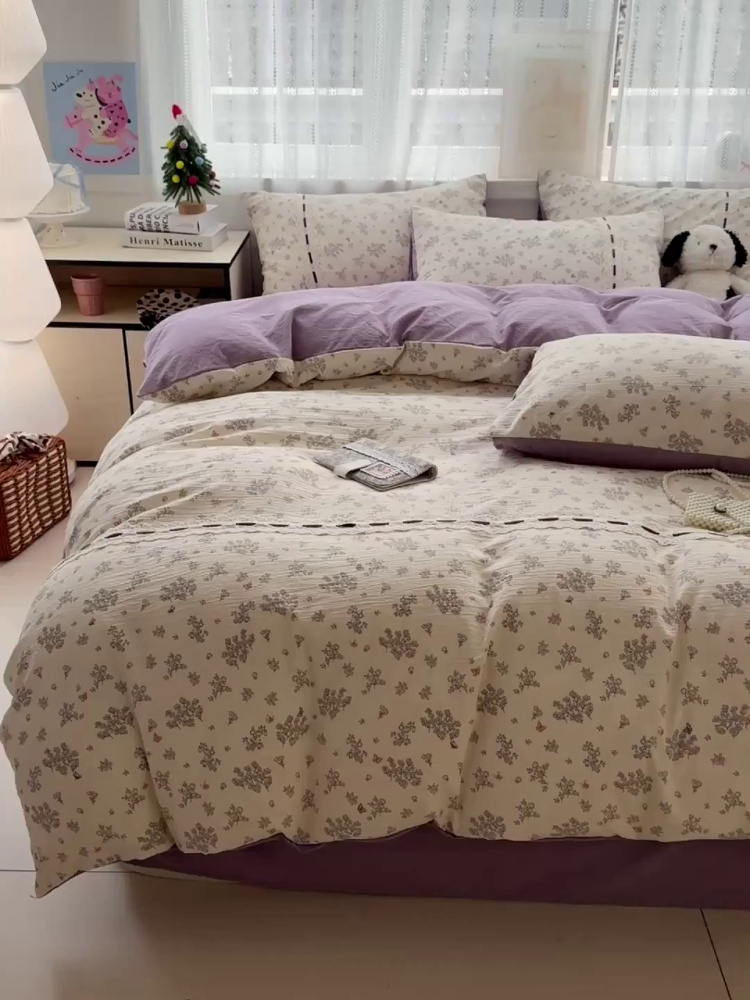 91家纺网 家纺一手货源 找家纺 梵克保罗 2025新款古法水洗棉全棉花边蝴蝶结四件套 静初