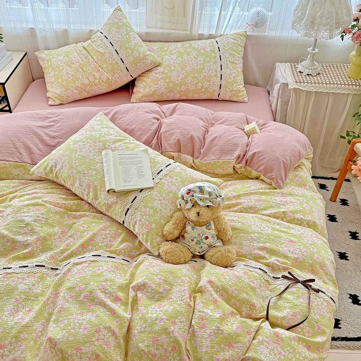 91家纺网 家纺一手货源 找家纺 梵克保罗 2025新款古法水洗棉全棉花边蝴蝶结四件套 觅秋