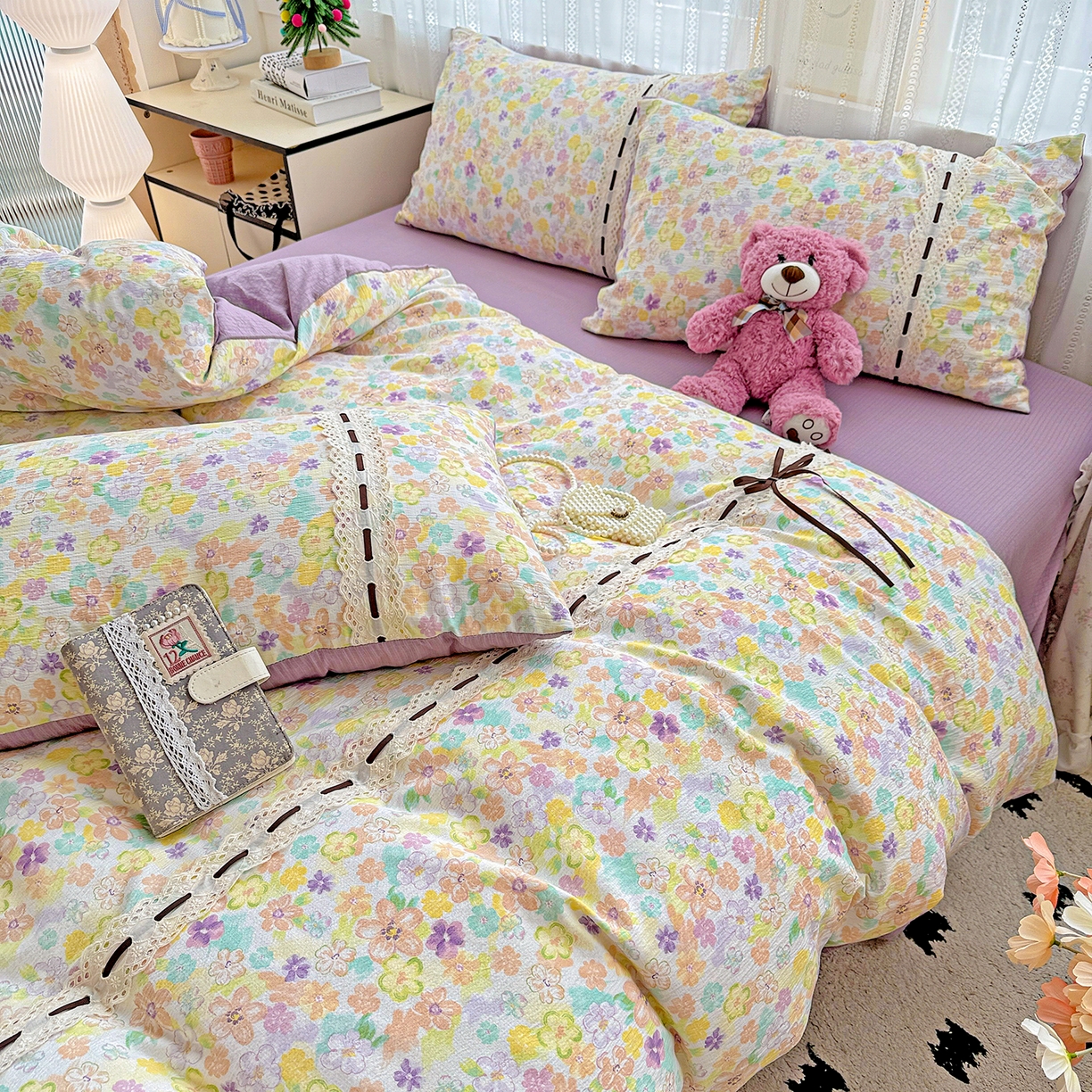 91家纺网 家纺一手货源 找家纺 梵克保罗 2025新款古法水洗棉全棉花边蝴蝶结四件套 艾薇