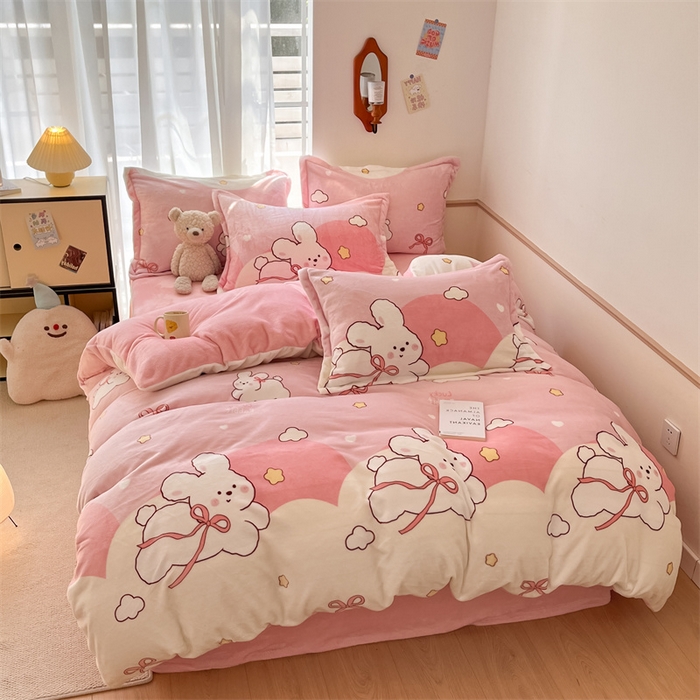 91家纺网 家纺一手货源 找家纺 寻米 2025新款高克重加厚保暖牛奶绒四件套-第二批 云朵小兔