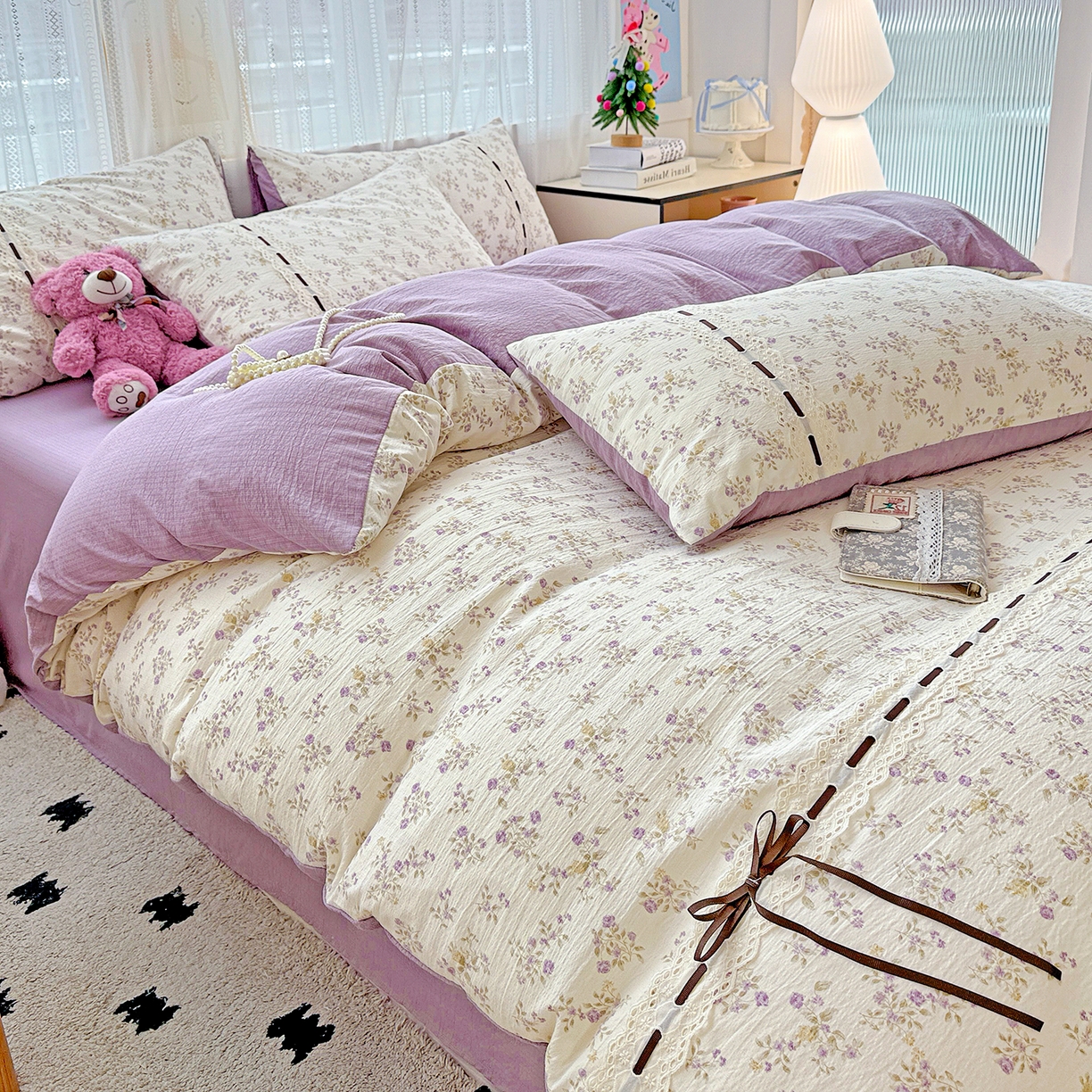 91家纺网 家纺一手货源 找家纺 梵克保罗 2025新款古法水洗棉全棉花边蝴蝶结四件套 紫郁