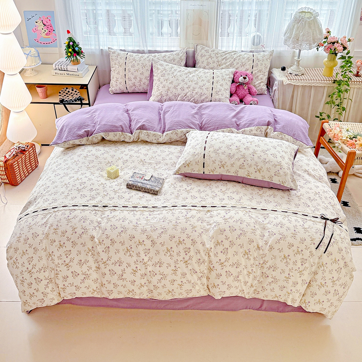 梵克保罗 2025新款古法水洗棉全棉花边蝴蝶结四件套 紫郁