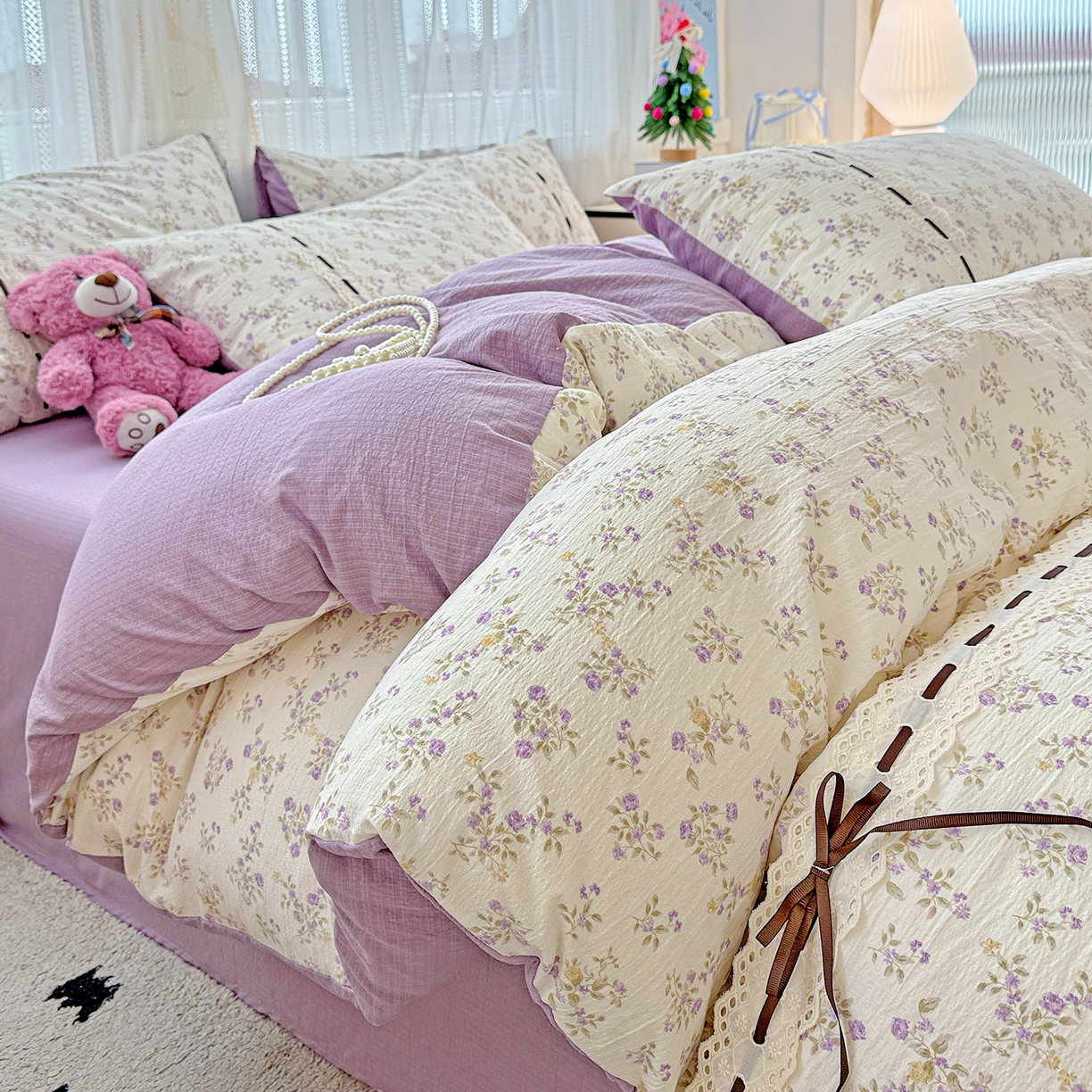 91家纺网 家纺一手货源 找家纺 梵克保罗 2025新款古法水洗棉全棉花边蝴蝶结四件套 紫郁