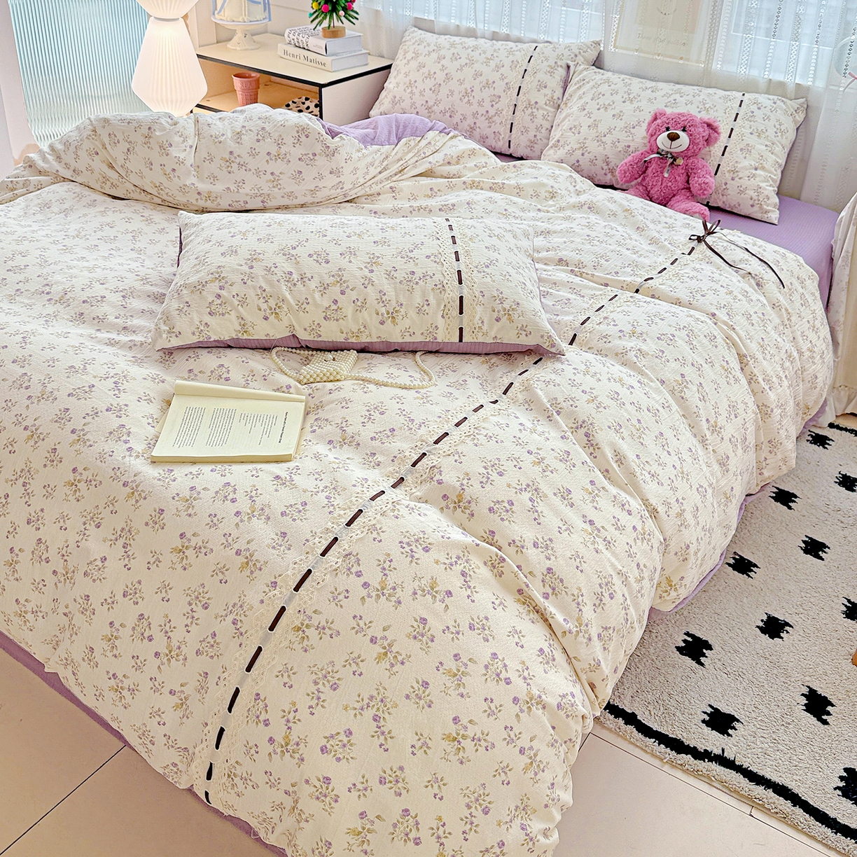 91家纺网 家纺一手货源 找家纺 梵克保罗 2025新款古法水洗棉全棉花边蝴蝶结四件套 紫郁