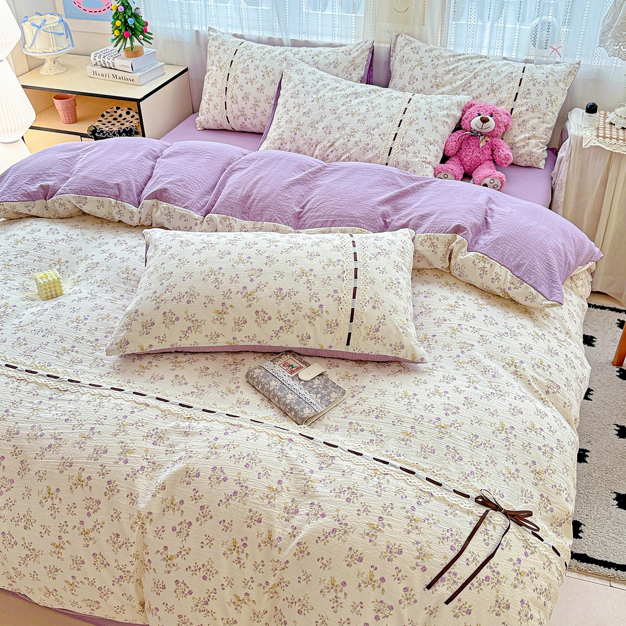 91家纺网 家纺一手货源 找家纺 梵克保罗 2025新款古法水洗棉全棉花边蝴蝶结四件套 紫郁