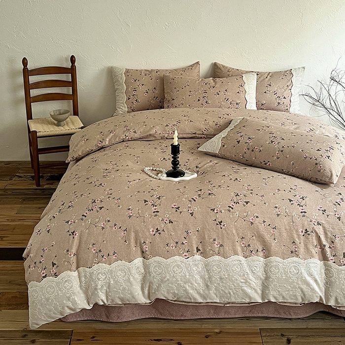 91家纺网 家纺一手货源 找家纺 梵克保罗 2025新款亚麻复古花边系列四件套 花言