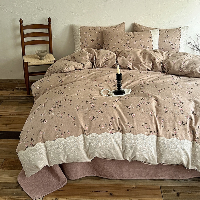 91家纺网 家纺一手货源 找家纺 梵克保罗 2025新款亚麻复古花边系列四件套 花言