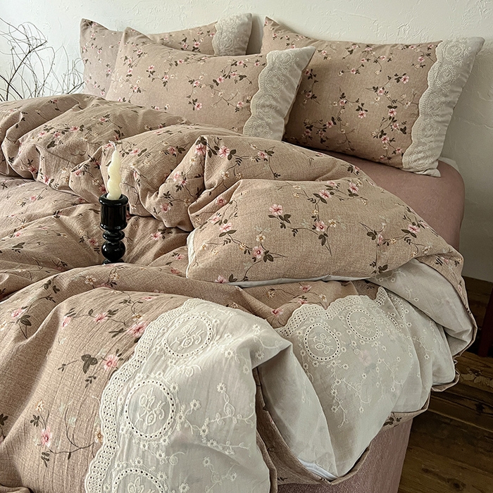 91家纺网 家纺一手货源 找家纺 梵克保罗 2025新款亚麻复古花边系列四件套 花言