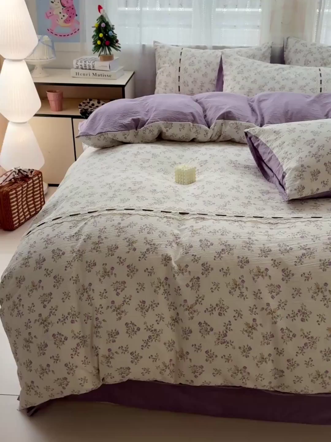 91家纺网 家纺一手货源 找家纺 梵克保罗 2025新款古法水洗棉全棉花边蝴蝶结四件套 紫郁