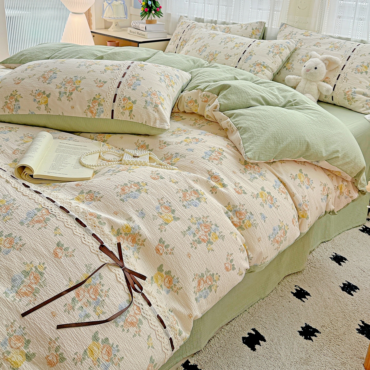 91家纺网 家纺一手货源 找家纺 梵克保罗 2025新款古法水洗棉全棉花边蝴蝶结四件套 绿野仙踪