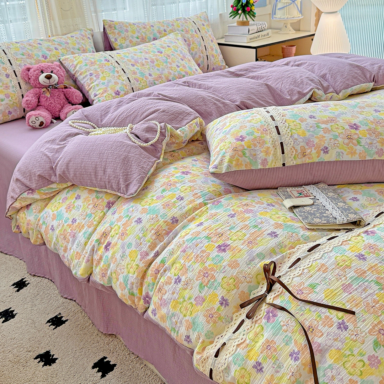 91家纺网 家纺一手货源 找家纺 （总）梵克保罗 2025新款古法水洗棉全棉花边蝴蝶结四件套