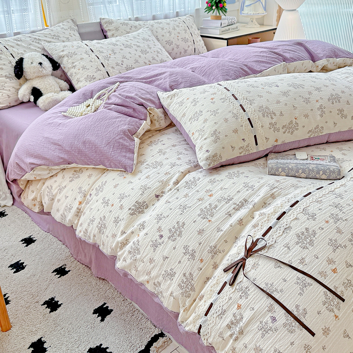 91家纺网 家纺一手货源 找家纺 梵克保罗 2025新款古法水洗棉全棉花边蝴蝶结四件套 静初