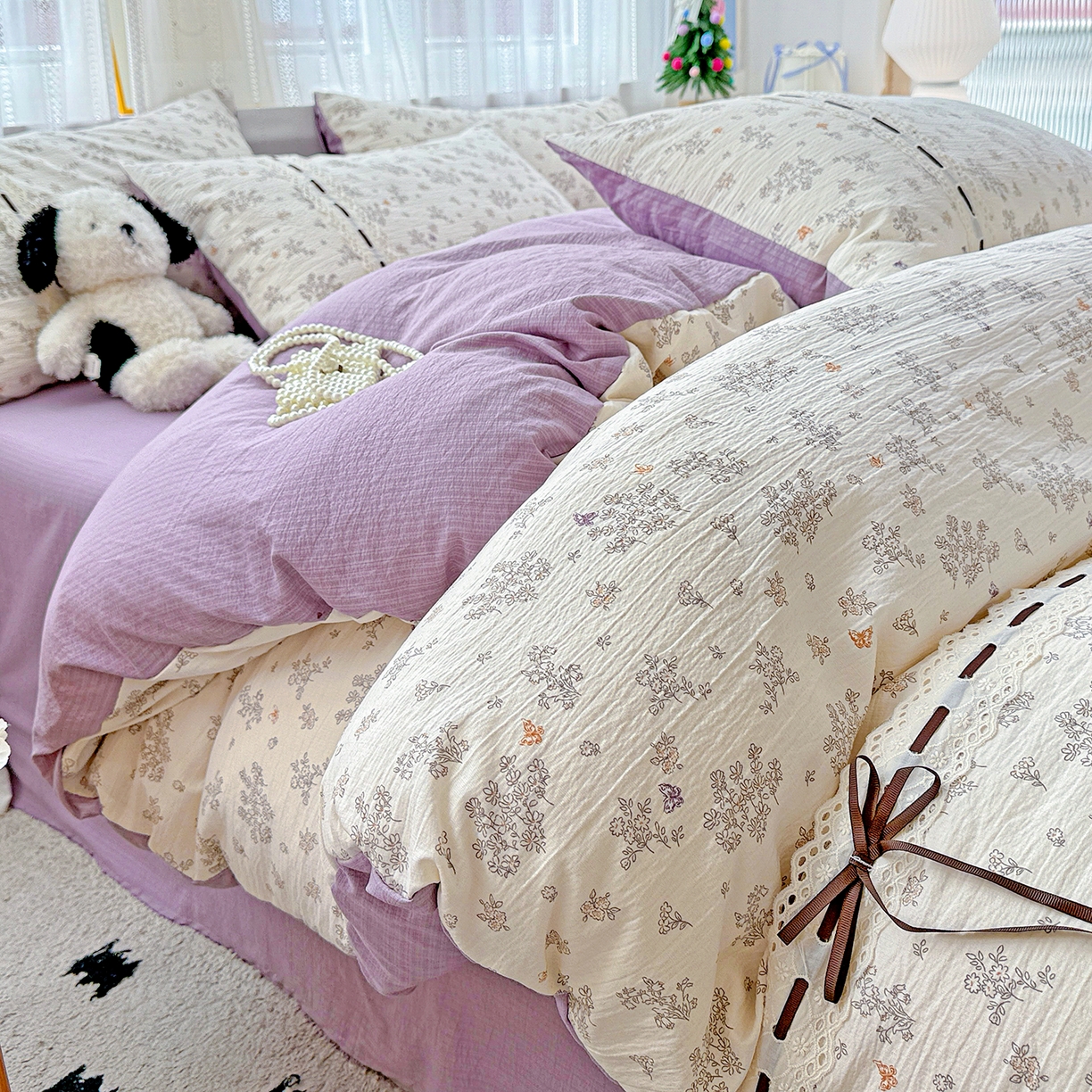 91家纺网 家纺一手货源 找家纺 梵克保罗 2025新款古法水洗棉全棉花边蝴蝶结四件套 静初