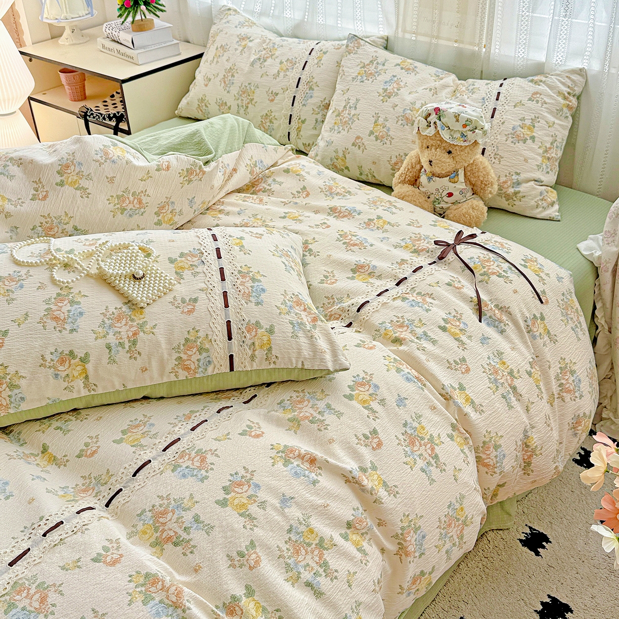 91家纺网 家纺一手货源 找家纺 梵克保罗 2025新款古法水洗棉全棉花边蝴蝶结四件套 绿野仙踪