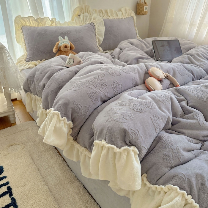 六巷胡同 2025新款韩版花蝶仙踪A类全消光牛奶绒花边四件套 花蝶仙踪-桔梗紫