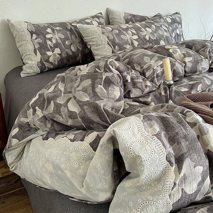 91家纺网 家纺一手货源 找家纺 梵克保罗 2025新款亚麻复古花边系列四件套 花影灰