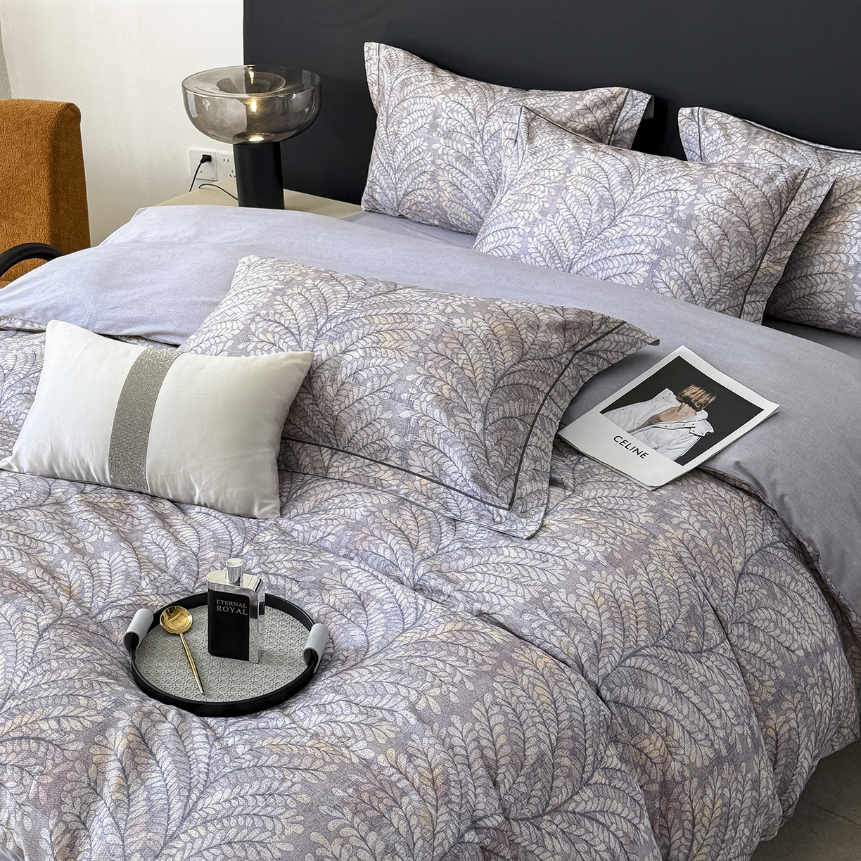 91家纺网 家纺一手货源 找家纺 梵克保罗 2025秋冬新款数码印花全棉磨毛单被套三件套四件套系列 麦穗花期-灰