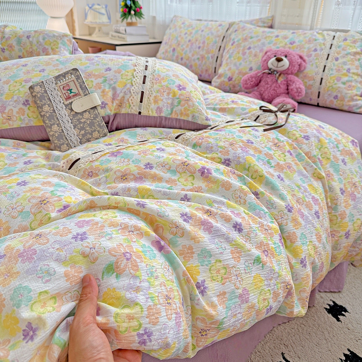 91家纺网 家纺一手货源 找家纺 梵克保罗 2025新款古法水洗棉全棉花边蝴蝶结四件套 艾薇