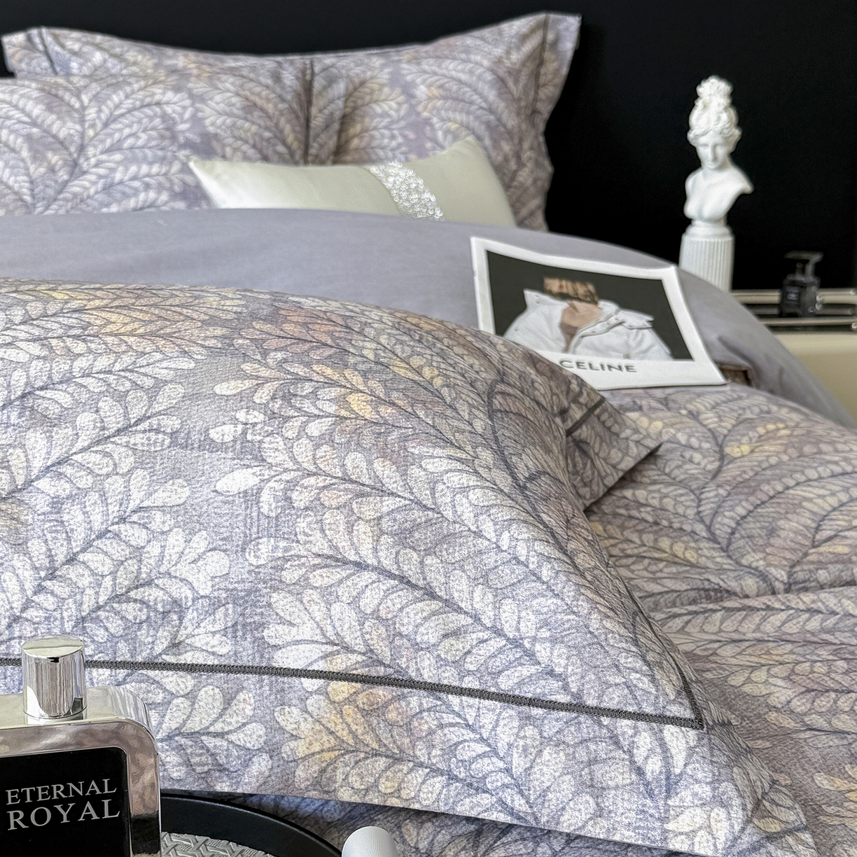 91家纺网 家纺一手货源 找家纺 梵克保罗 2025秋冬新款数码印花全棉磨毛单被套三件套四件套系列 麦穗花期-灰