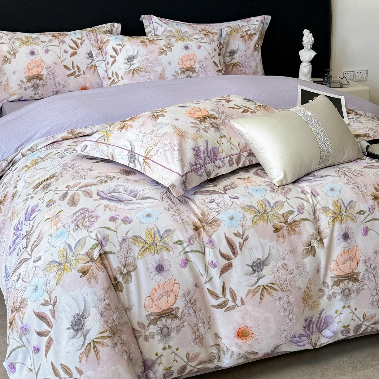 91家纺网 家纺一手货源 找家纺 梵克保罗 2025秋冬新款数码印花全棉磨毛单被套三件套四件套系列 热恋花季-灰