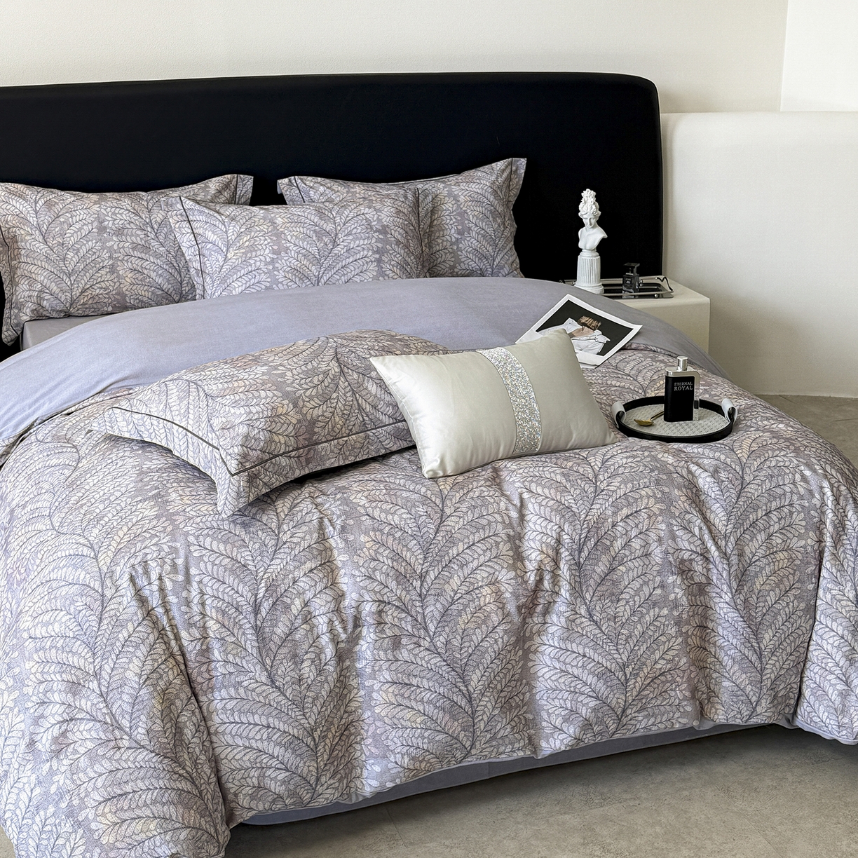 91家纺网 家纺一手货源 找家纺 梵克保罗 2025秋冬新款数码印花全棉磨毛单被套三件套四件套系列 麦穗花期-灰