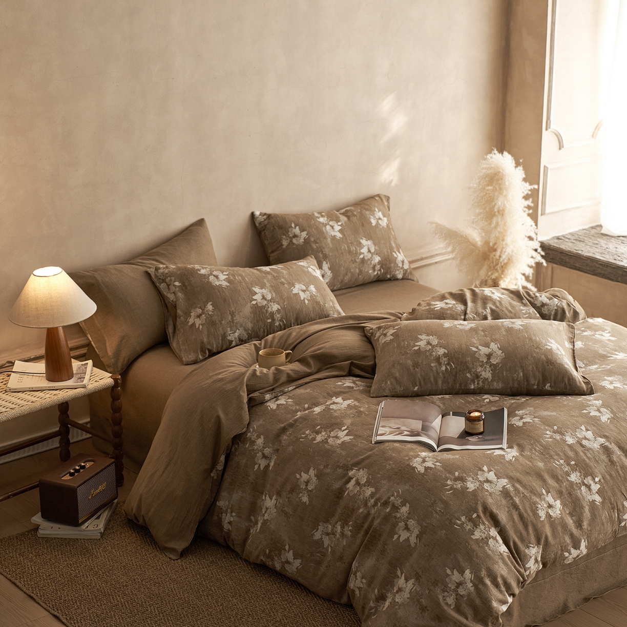 91家纺网 家纺一手货源 找家纺 梵克保罗 2025秋冬新款全棉水洗色织大提花四件套 繁花说-茶咖