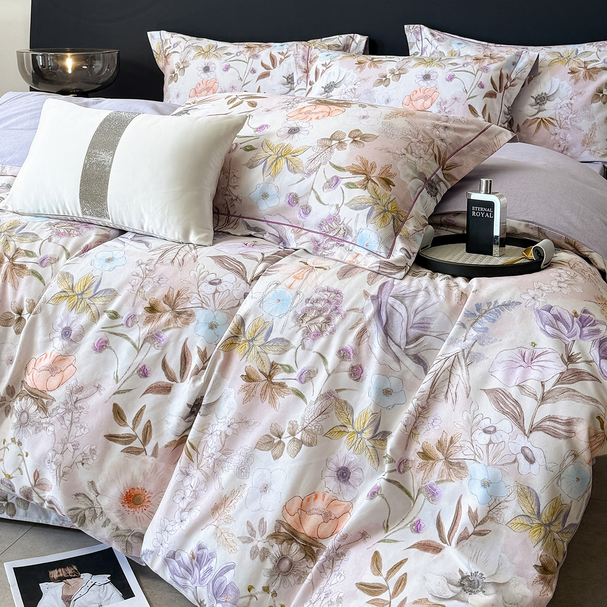 91家纺网 家纺一手货源 找家纺 梵克保罗 2025秋冬新款数码印花全棉磨毛单被套三件套四件套系列 热恋花季-灰