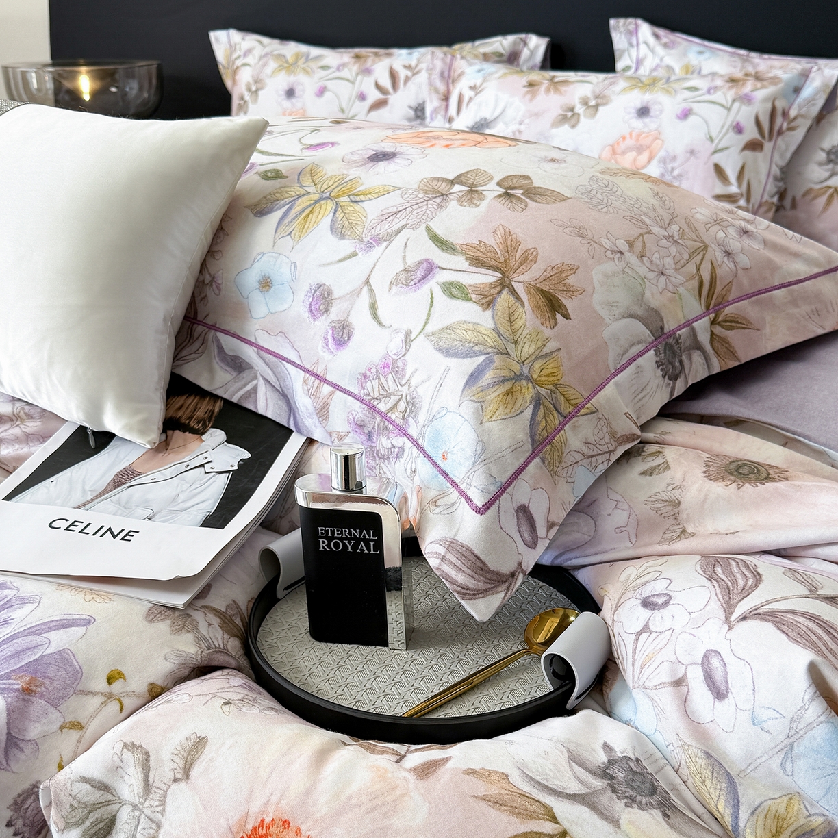 91家纺网 家纺一手货源 找家纺 梵克保罗 2025秋冬新款数码印花全棉磨毛单被套三件套四件套系列 热恋花季-灰