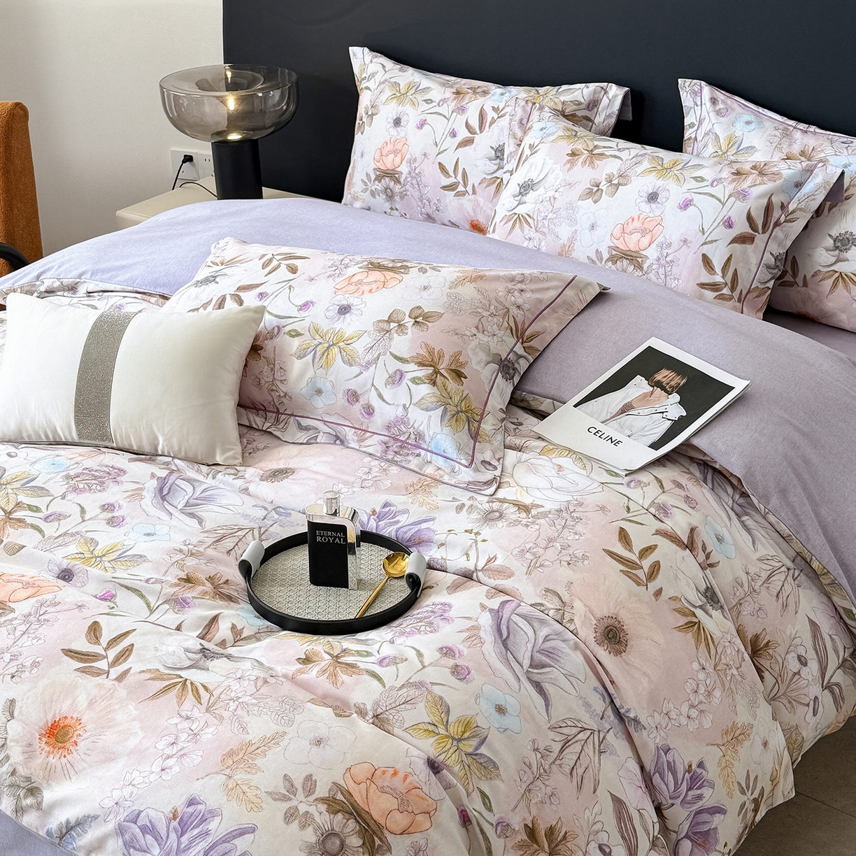 91家纺网 家纺一手货源 找家纺 梵克保罗 2025秋冬新款数码印花全棉磨毛单被套三件套四件套系列 热恋花季-灰