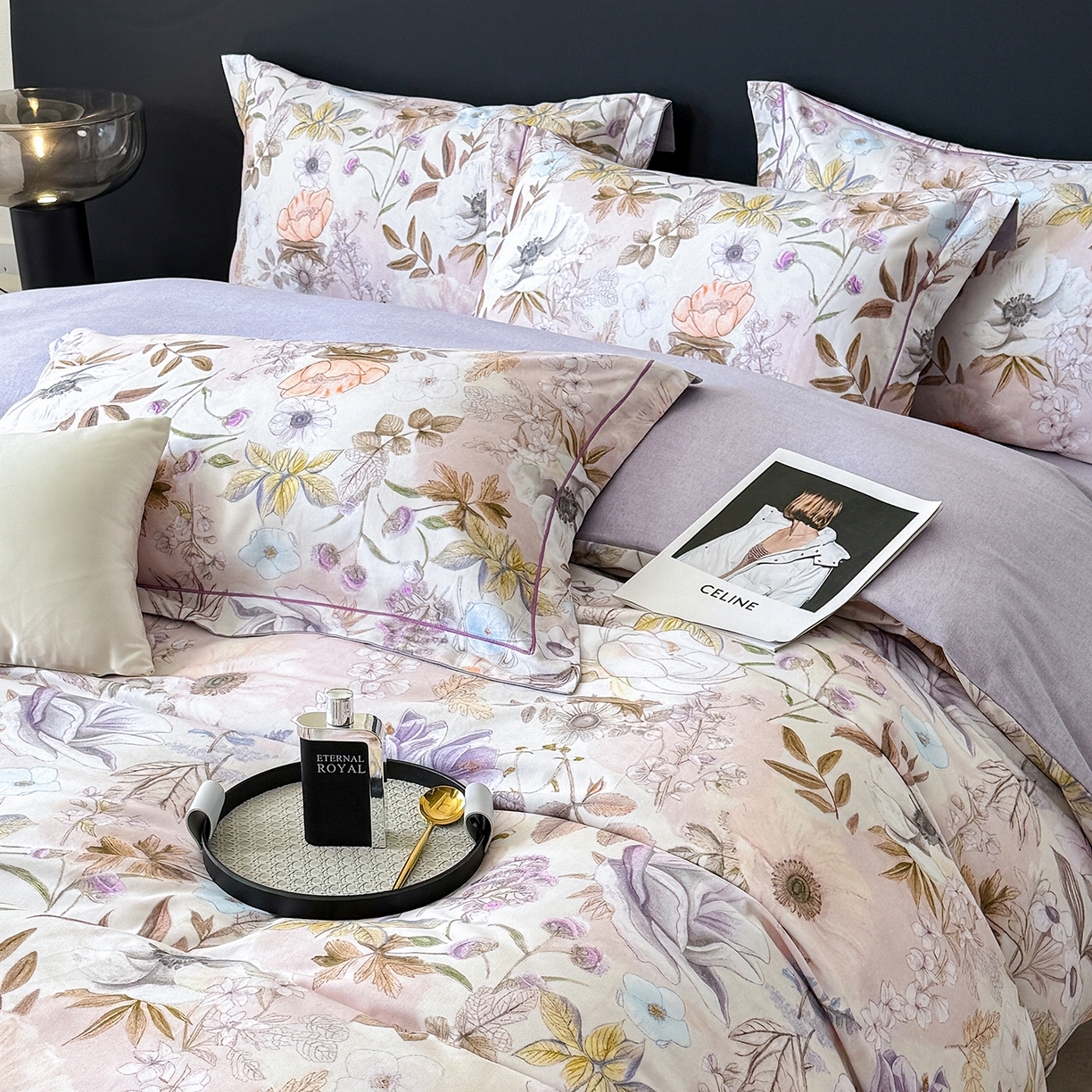 91家纺网 家纺一手货源 找家纺 梵克保罗 2025秋冬新款数码印花全棉磨毛单被套三件套四件套系列 热恋花季-灰