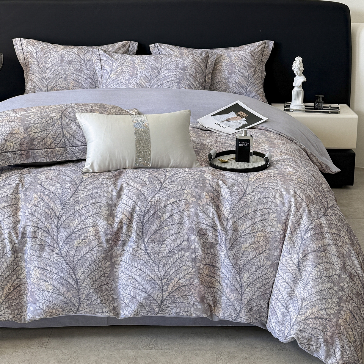 91家纺网 家纺一手货源 找家纺 梵克保罗 2025秋冬新款数码印花全棉磨毛单被套三件套四件套系列 麦穗花期-灰