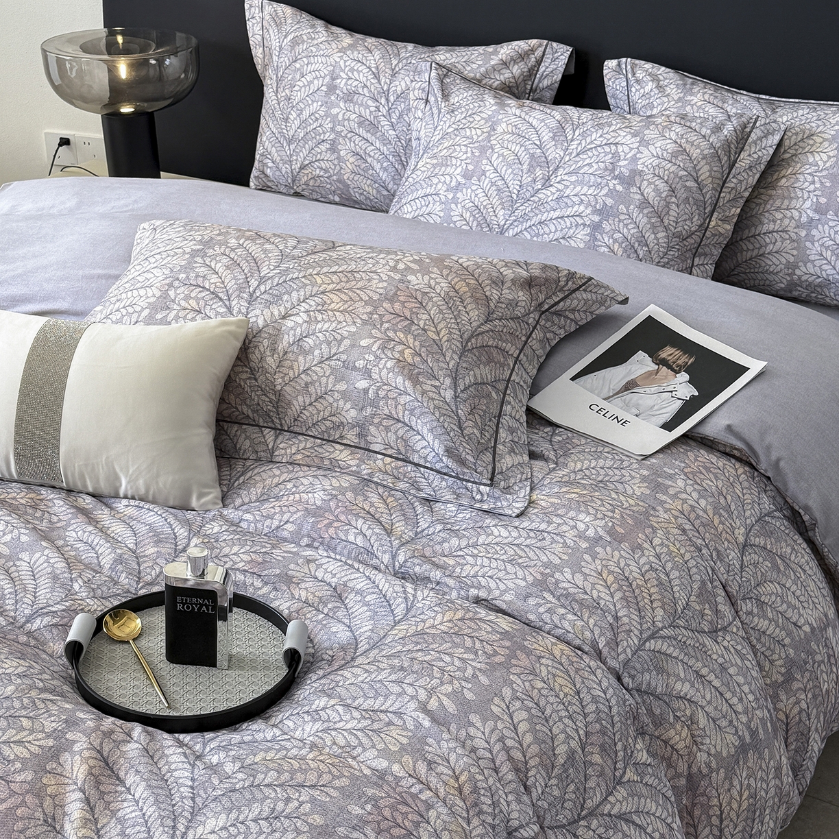 91家纺网 家纺一手货源 找家纺 梵克保罗 2025秋冬新款数码印花全棉磨毛单被套三件套四件套系列 麦穗花期-灰