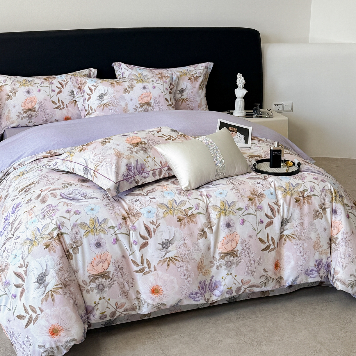 91家纺网 家纺一手货源 找家纺 梵克保罗 2025秋冬新款数码印花全棉磨毛单被套三件套四件套系列 热恋花季-灰