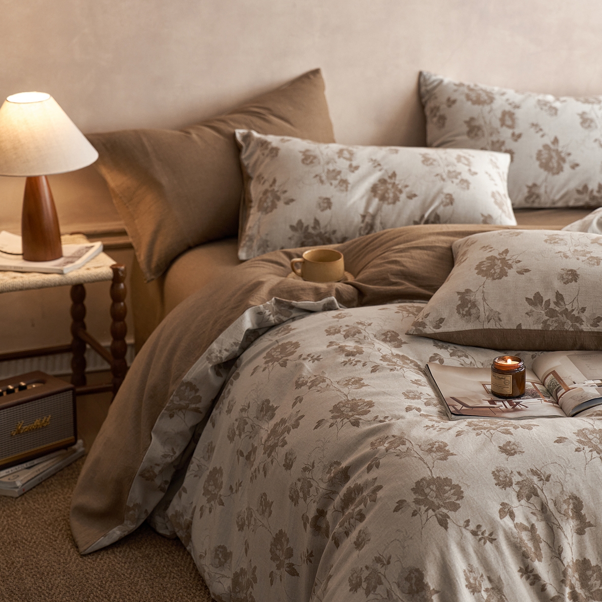 91家纺网 家纺一手货源 找家纺 梵克保罗 2025秋冬新款全棉水洗色织大提花四件套 花意间-茶咖