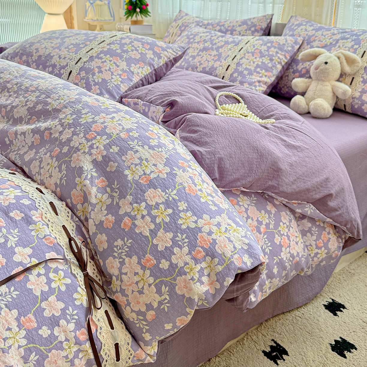 91家纺网 家纺一手货源 找家纺 梵克保罗 2025新款古法水洗棉全棉花边蝴蝶结四件套 花开满园