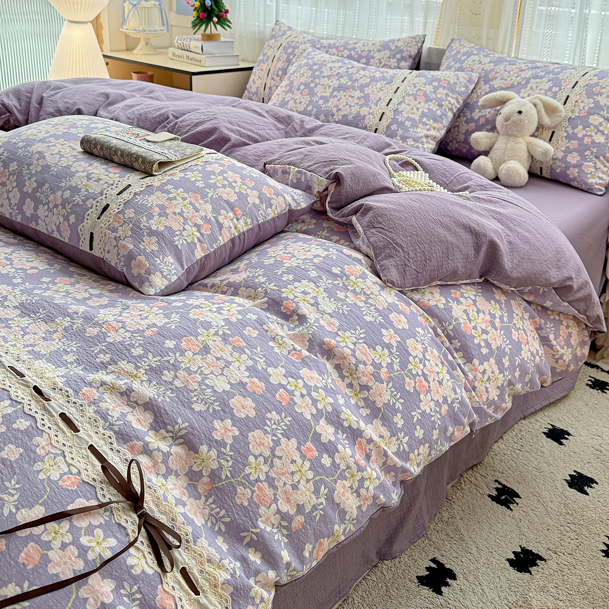 91家纺网 家纺一手货源 找家纺 梵克保罗 2025新款古法水洗棉全棉花边蝴蝶结四件套 花开满园