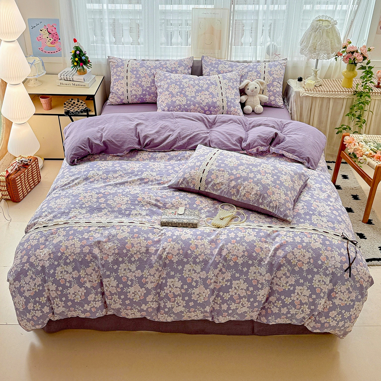 梵克保罗 2025新款古法水洗棉全棉花边蝴蝶结四件套 花开满园