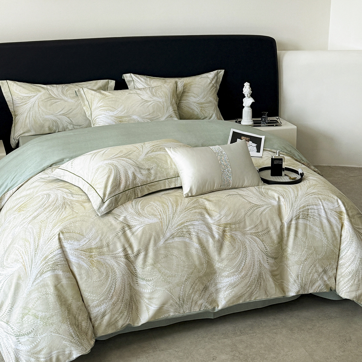 91家纺网 家纺一手货源 找家纺 梵克保罗 2025秋冬新款数码印花全棉磨毛单被套三件套四件套系列 麦穗-绿