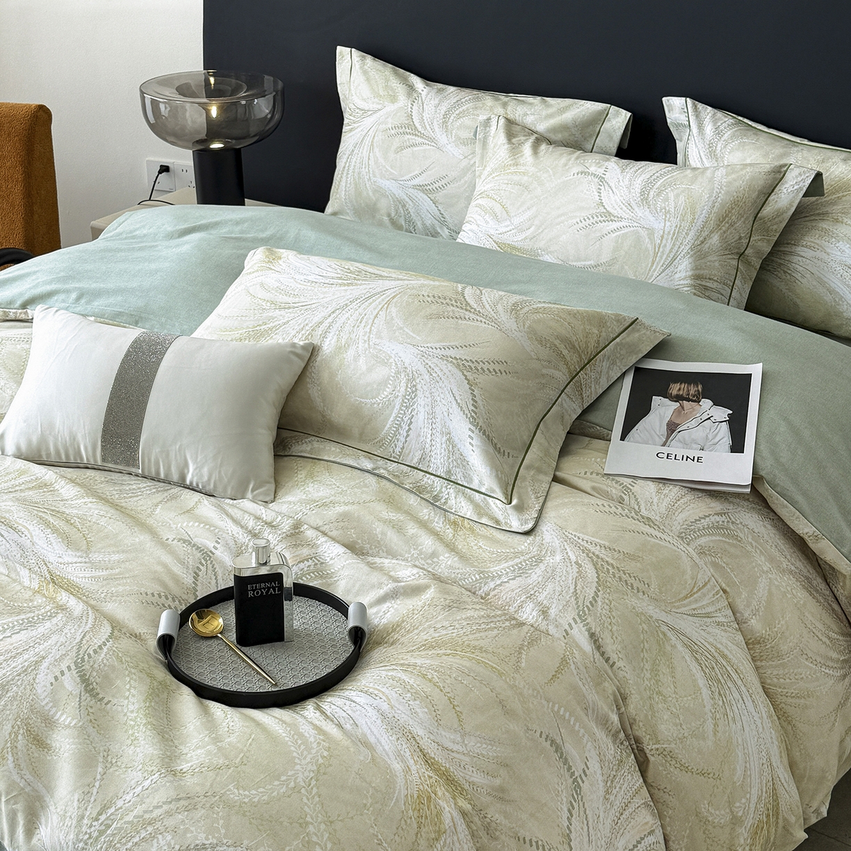 91家纺网 家纺一手货源 找家纺 梵克保罗 2025秋冬新款数码印花全棉磨毛单被套三件套四件套系列 麦穗-绿