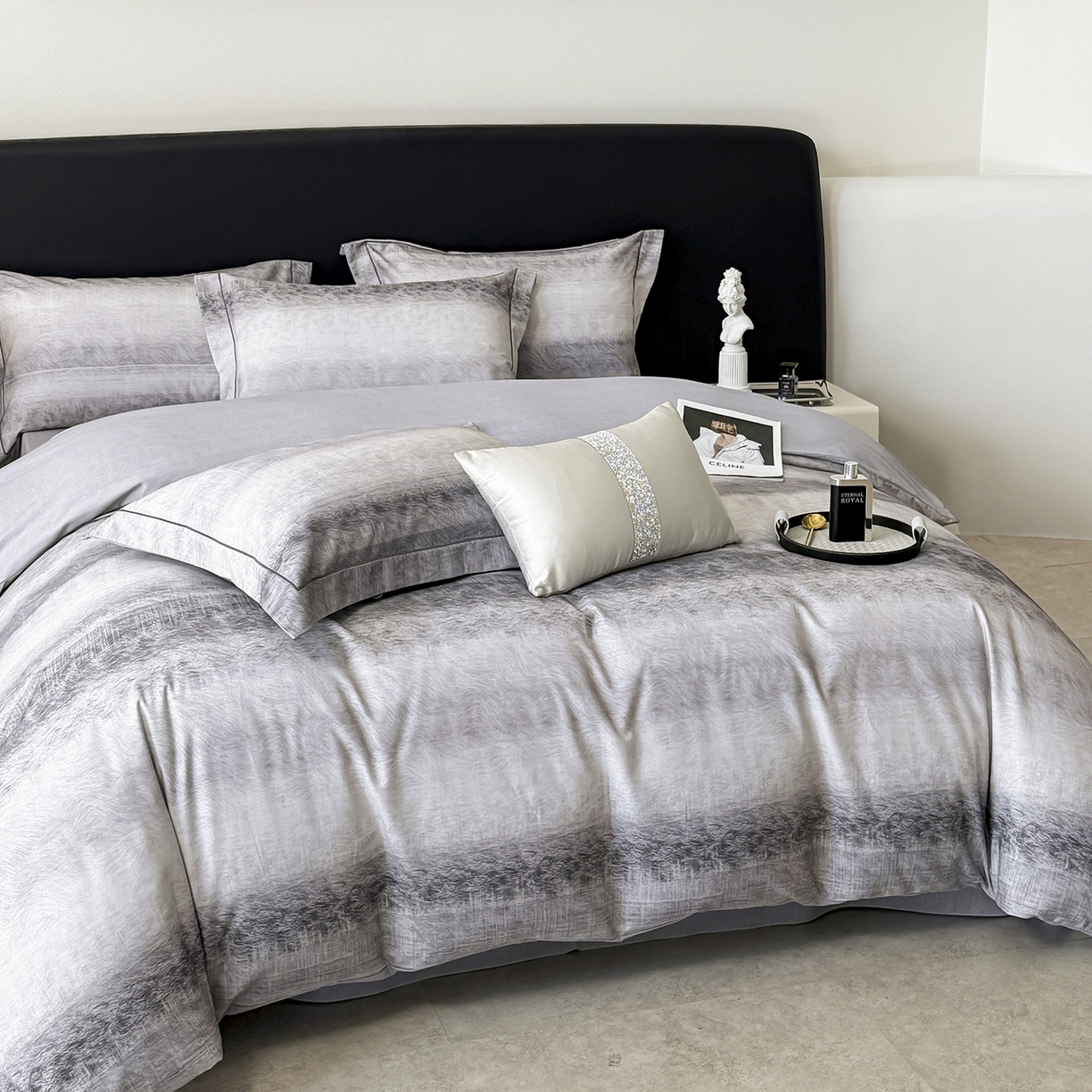 91家纺网 家纺一手货源 找家纺 梵克保罗 2025秋冬新款数码印花全棉磨毛单被套三件套四件套系列 苏菲庄园-灰