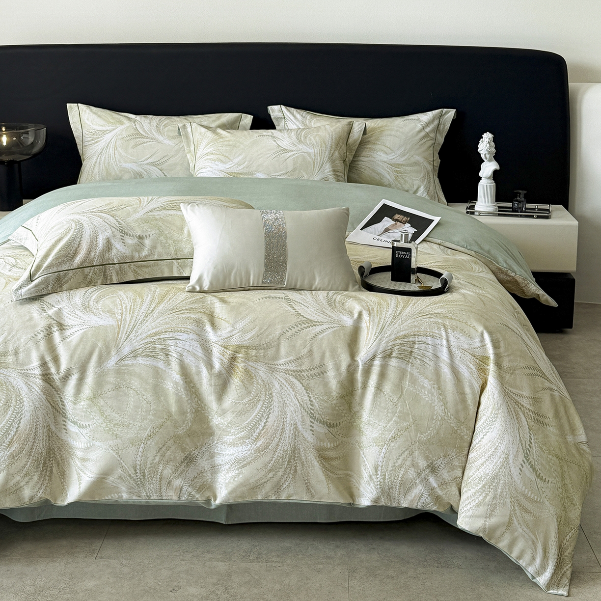 91家纺网 家纺一手货源 找家纺 梵克保罗 2025秋冬新款数码印花全棉磨毛单被套三件套四件套系列 麦穗-绿