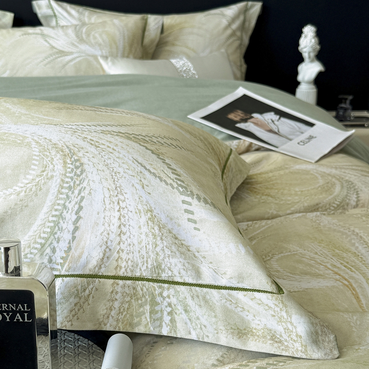 91家纺网 家纺一手货源 找家纺 梵克保罗 2025秋冬新款数码印花全棉磨毛单被套三件套四件套系列 麦穗-绿