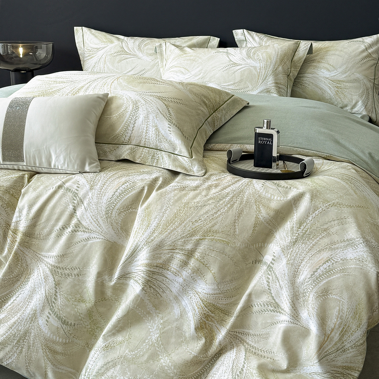 91家纺网 家纺一手货源 找家纺 梵克保罗 2025秋冬新款数码印花全棉磨毛单被套三件套四件套系列 麦穗-绿