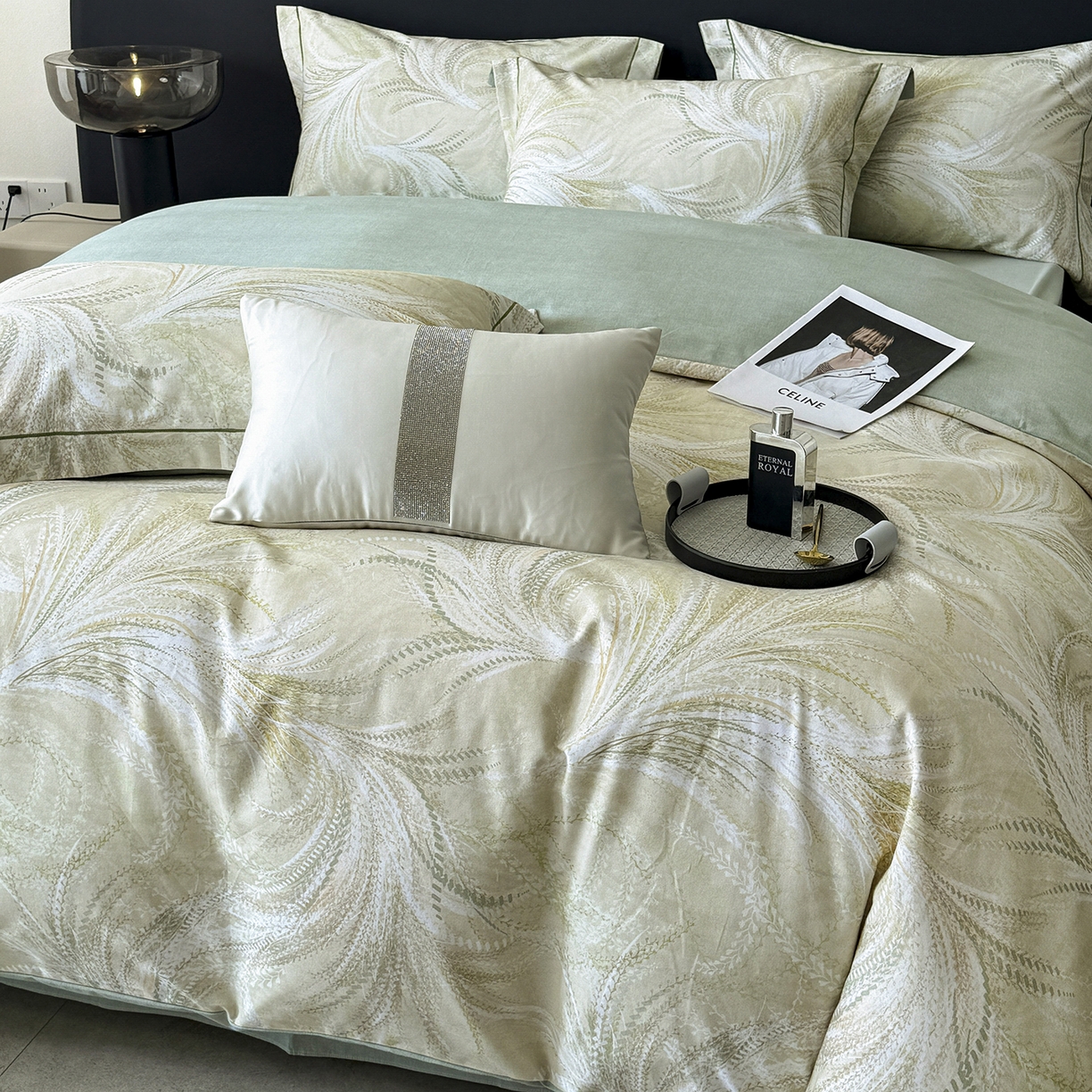 91家纺网 家纺一手货源 找家纺 梵克保罗 2025秋冬新款数码印花全棉磨毛单被套三件套四件套系列 麦穗-绿