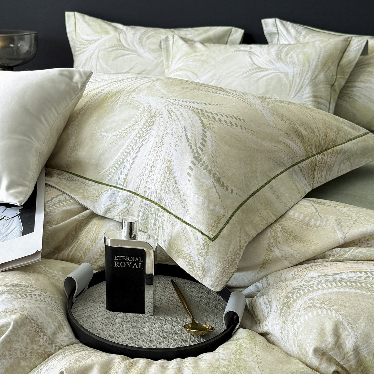 91家纺网 家纺一手货源 找家纺 梵克保罗 2025秋冬新款数码印花全棉磨毛单被套三件套四件套系列 麦穗-绿