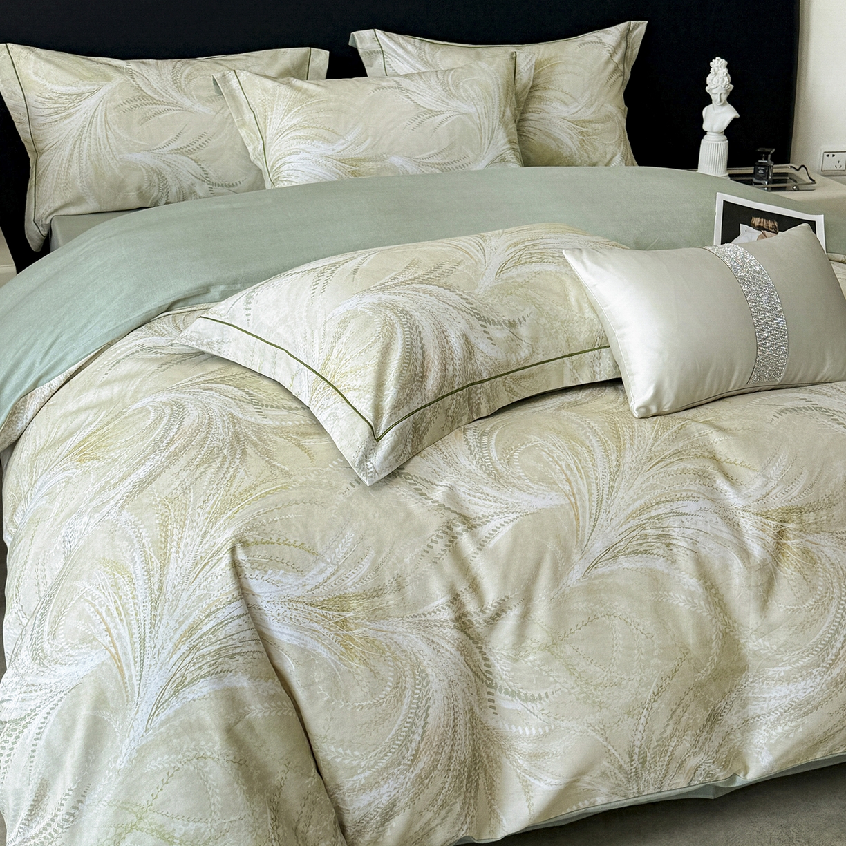 91家纺网 家纺一手货源 找家纺 梵克保罗 2025秋冬新款数码印花全棉磨毛单被套三件套四件套系列 麦穗-绿