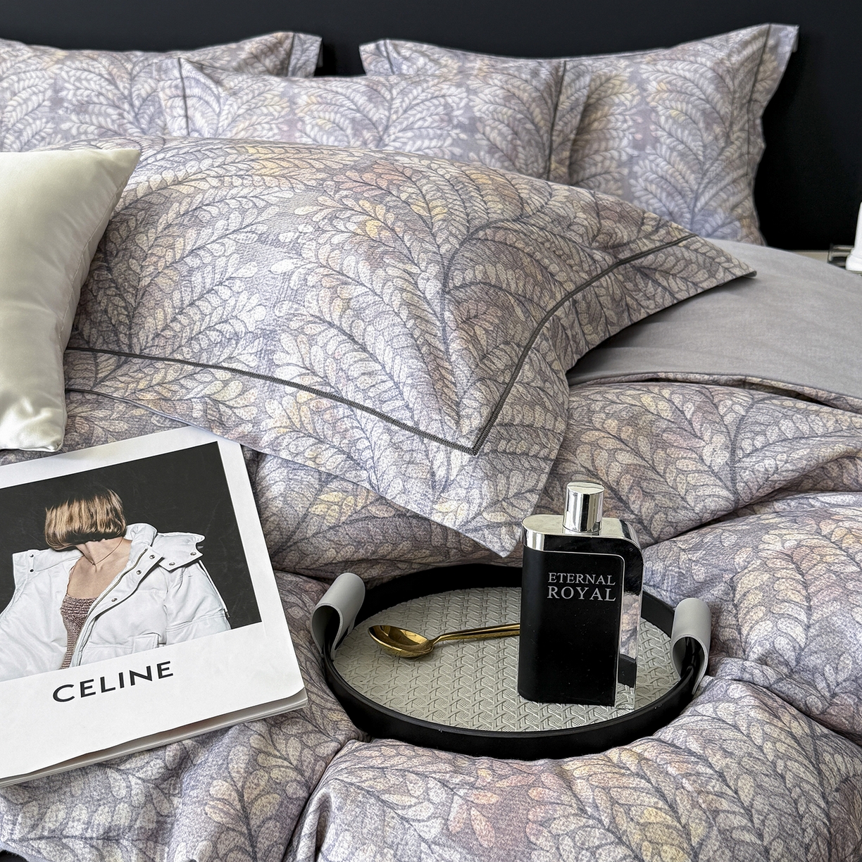 91家纺网 家纺一手货源 找家纺 梵克保罗 2025秋冬新款数码印花全棉磨毛单被套三件套四件套系列 麦穗花期-灰